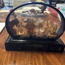 Vintage Oval Chinese Cork Art Hand Carved Diorama - Pagoda/Cranes/Trees/Cliff picture