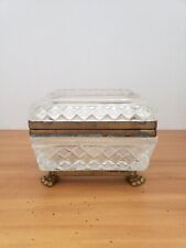Antique French Crystal Casket Trinket Jewelry Glass Box Hinged Lid Guilded Mount picture