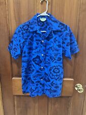 VTG 60s Blue/Gold UI-MAIKAI Hawaiian Aloha Ocean Map Island Cotton Shirt RARE picture