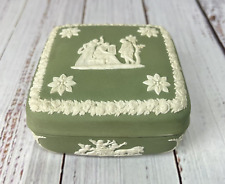 Vintage Wedgwood Celadon Jasperware Sage Green Square Trinket Box READ picture