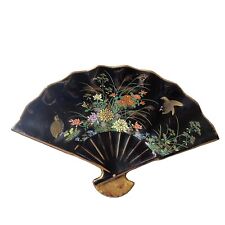 Vintage Yamaji Fan Trinket Dish Ornament Black Gold Bone China Partridges Birds picture