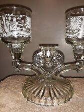 Vintage Pair Art Deco Pressed Clear Glass Triple Light Taper Candle Holders picture