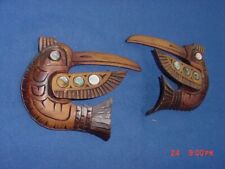 PAIR OF NW COAST INDIAN CARVED WOOD INLAID ABALONE SHELL HUMMINGBIRDS SIGNED picture
