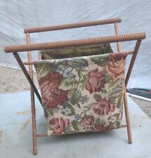 Vintage Knitting Sewing Caddy Basket Yarn Bag Folding Wood Frame Groovy Floral picture