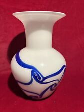Vintage White Glass Vase with Blue Marble Detail 10” Tall (X) picture