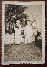 VTG 1950 Found Photo Christmas Tree Boys Porthole Television TV MCM Living Room picture