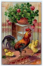 1913 Easter Rooster Chicks Clover Gel Gold Gilt Embossed Olney IL Postcard picture
