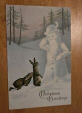 Snowman With Hat And Beard With Rabbits Christmas Fantasy Postcard picture