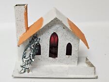 Vintage Putz Christmas Village Paper Cardboard House Chimney Mica Greenery picture
