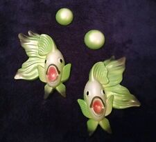 1970 Pair Vintage Miller Studio Chalkware Fish Anthropomorphic Wall Plaques Grn picture