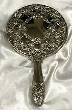 VTG Antique Silver Floral Scroll Handheld Round Vanity Mirror W/ Handle picture