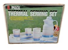 Vtg Retro Revco 6pc Pink Blue White Thermal Drink Serving Set Carafe Cups Picnic picture