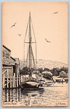 Artist Etch Postcard~ Sailboat & Shore~ E. O. Nielson~ Camden, Maine picture