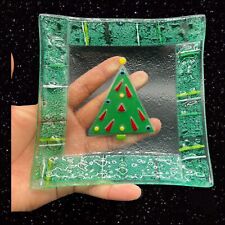 Fused Art Glass Square Christmas Tree Appetizer Plate Green 5.75”W 1”T picture