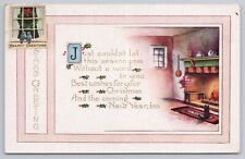 Whitney Made Christmas Greeting Cat Fireplace Poem c1920 Stickers Applied picture