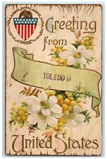 1912 Greetings From Toledo Iowa IA Flowers Embossed Posted Antique Postcard picture