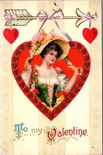 Valentine's Day Postcard Young Woman Inside Heart Flower Covered Bonnet Arrow picture
