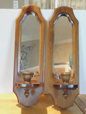 Vntg Pair of Wood Candle Holder Wall Sconces with Inset Mirror and glass votive picture