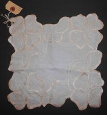 Antique Linen & Silk Hand Embroidered Floral Doily 10 x 10