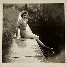 Vintage B&W Snapshot Photograph Beautiful Young Woman Bathing Suit Long Legs picture