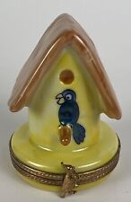 LIMOGES FRANCE BOX ~ BIRD HOUSE & STRAW THATCHED ROOF & BLUE BIRD ~ PEINT MAIN picture