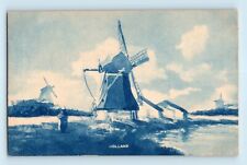 Windmill Holland Painting Style Netherlands Dutch Blue Landscape Postcard C2 picture