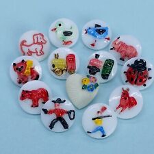 Vintage Kiddie Button Lot Hand Painted Milk Glass Realistic Heart Animals picture
