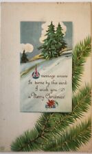 A Merry Christmas, 1918 Pine Trees, Snowy, Holiday Greeting Postcard Stamp picture