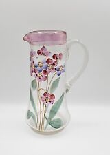 Antique Hand Blown Victorian Tall Glass Pitcher Enameled/Painted Red Flowers picture