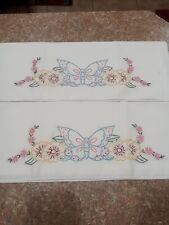 Set of 2 Vintage Embroidered Standard Pillow Cases Butterfly and Flower Design  picture