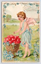 c1910s Angel Cupid~Forget Me Not~Hearts~Valentine Greeting~Antique Art Postcard picture
