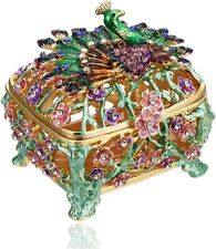 Hand Painted Peacock Trinket Box Enameled Jewelry Box Vintage Bejeweled Storage picture