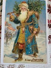 vintage Christmas postcard old World Santa blue coat snow scene reproduced picture