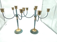Pair of Vintage Brass 4 Arm 1 Head Candlestick Verdigris Patina Candelabra 10