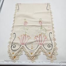 Vtg 1940-50 Handmade Embroidery White Cotton Table Runner  Crochet Trim picture