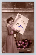 c1909 RPPC French Portrait Woman Flowers Vive St. Geanne Jeanne UDD Postcard picture