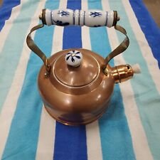 Vintage Copper Whistling Tea Pot Kettle - Delft Blue & White Porcelain Handles picture