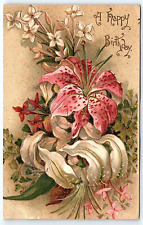 c1910 Tiger & Easter Lily Birthday Embossed International Art Co Postcard UNP picture