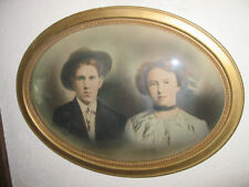 ANTIQUE OVAL CONVEX GLASS PORTRAIT YOUNG MARRIED COUPLE CA. 1909 picture