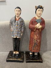 Asian Possibly Chinese Carved & Painted Pair Wood Statue Figurines Man & Woman picture