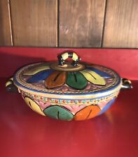Primitive Vintage Mexican Folk Art Pottery Tlaquepaque Covered Casserole Dish picture