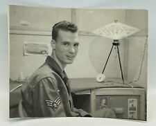 Vtg 1960s Snapshot Photo Handsome Soldier MCM Atomic Lamp Girl Photos on Desk picture