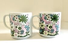Vintage Pair Kitschy Japan Coffee Mug Cup Birds & Flowers Pink Green Stackable picture
