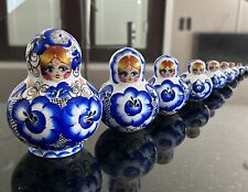 Vtg Russian Matryoshka 4” Nesting Dolls 10 Piece Signed - Peacock Blue and White picture