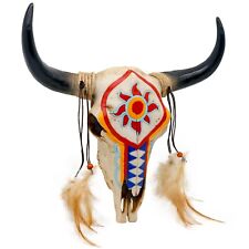 Southwest Tribal Bull Cow Skull with Feathers, Rustic Boho Longhorn Bison Ste... picture