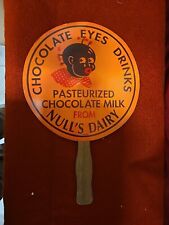 ANTIQUE HAND FAN/CHOCOLATE EYES DRINKS/NULLS DAIRY/HILLSDALE MI/CA1940'S picture