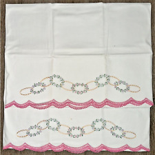 Vtg Set of 2 Embroidered Needlepoint Crocheted Pillowcase Pink Floral Rings picture