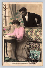c1905 RPPC French Romance Man Looking Over Woman's Shoulder Love UDB Postcard picture