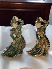Balinese Dancers 8” Gilner Pottery of California HandPainted Green with Gold picture