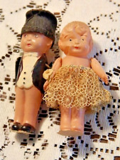 Vintage Celluloid  Miniature 3 inch Bride and Groom Crepe Paper & Paint clothing picture